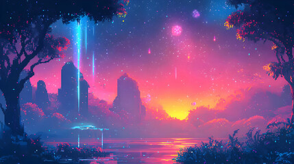 Fototapeta premium Pixel Art Landscape of City at Sunset with Vibrant Sky Stars and Water Reflection Featuring Trees Silhouette Pink Blue and Purple Colors