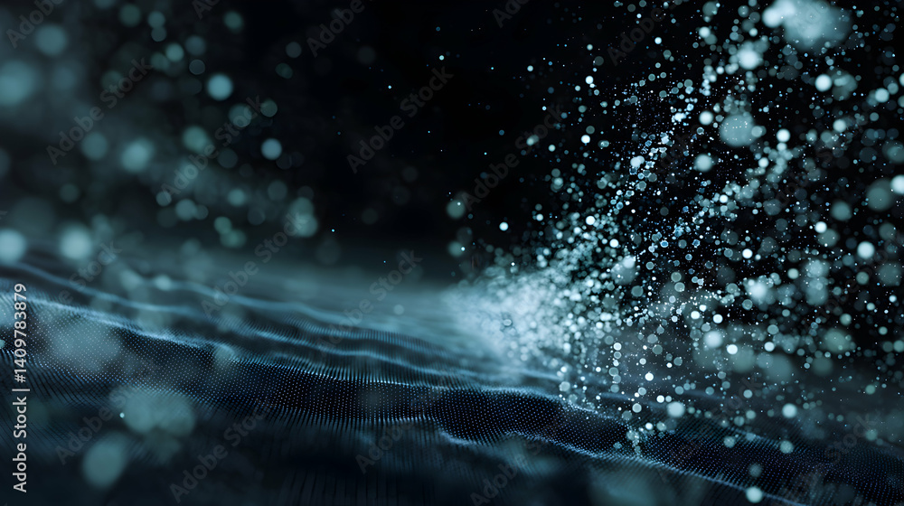Poster dynamic digital wave with sparkling particles on a dark backdrop display