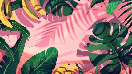 Naklejka premium Vibrant tropical illustration with banana plants, monstera leaves and palm shadows on pink background