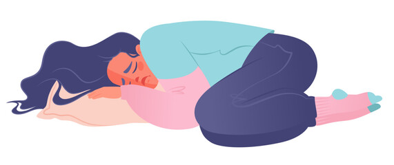 Very upset girl lies in protective pose, turned into cup, with her legs drawn up with her knees to her chest, hugging pillow. Vector character lies in fetal position and is sad.