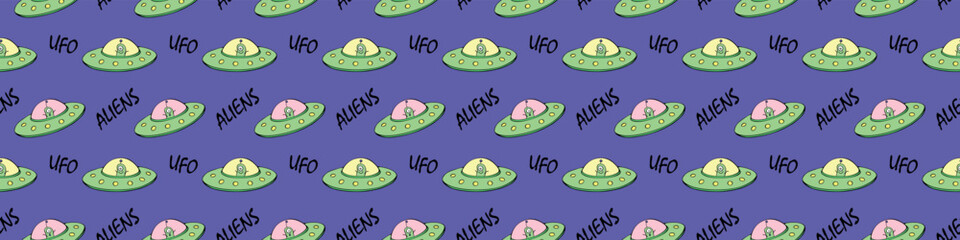 Seamless childish pattern with Flying Saucers, UFO, cute aliens. Vector background and texture for fabric, wrapping, wallpaper, textile, apparel, cover