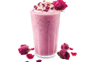 Delightful rose smoothie garnished with rose petals and crumble in a tall on transparent background