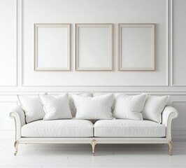 Elegant White Sofa in Minimalist Living Room with Blank Frames