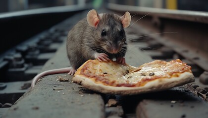 Rat Eating Pizza Slice on Railroad Tracks Urban Pest Rodent Food Close up