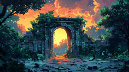 Obraz premium Pixel Art Landscape of Stone Archway at Sunset in Forest Scene Digital Rendering of a Old Mossy Gate Against an Orange and Yellow Sky