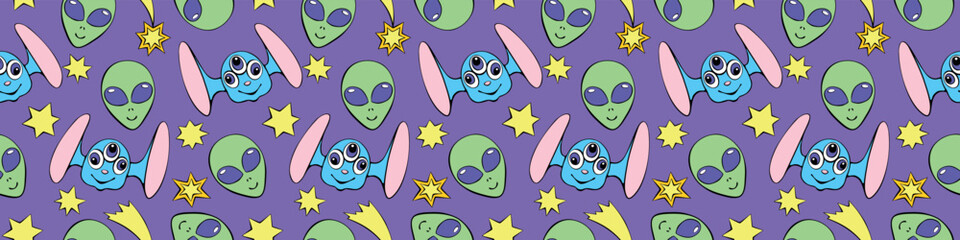 Seamless pattern with funny Aliens heads, stars in doodle flat style. Humanoids, visitors, Martians. Vector cute background, texture on theme of space, UFO, fantastic, kids design