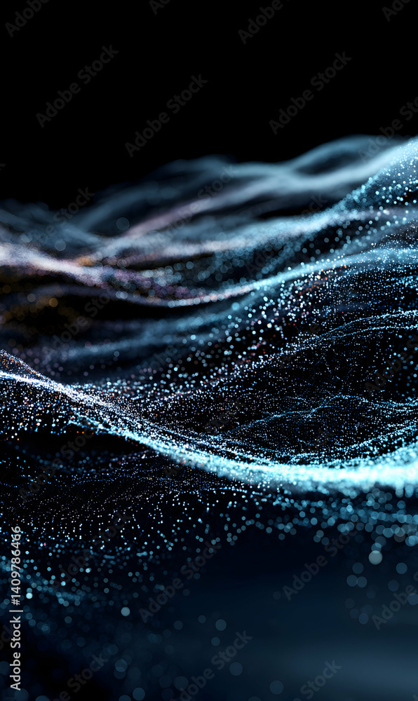 Poster dynamic visualization of abstract particle waves floating in dark cosmic space