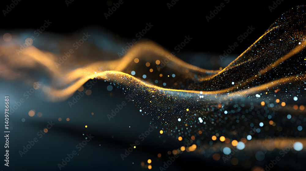 Poster intricate particle flow rendering with dynamic golden illumination and depth of field