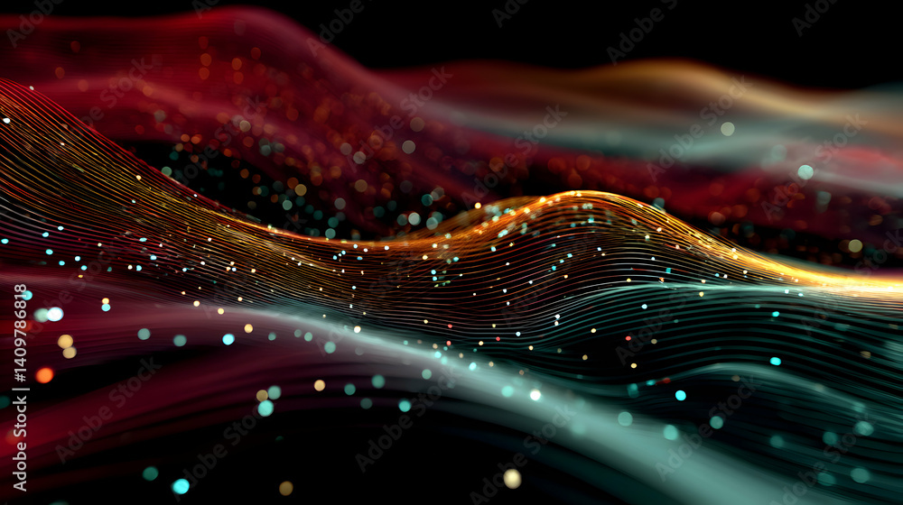 Poster abstract digital landscape formed by flowing data streams and bokeh lights