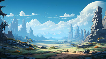 Naklejka premium Pixel Art Landscape with Cloudy Sky and Distant Mountains Wide Open Vista and Rocks