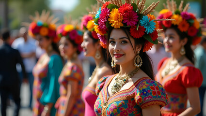 Vibrant Mexican Festival Costumes: Intricate Traditional Designs and Elegant Details for Cultural Events - Stunning Photo Stock Concept with Empty Space for Customization
