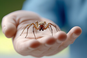 A detailed close-up shot of a spider resting on a person's open palm. The spider appears to be the main focus