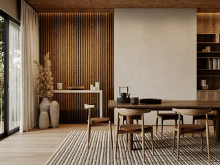Contemporary loft interior with dining table, blank wall, chairs, wood panels and ceiling, carpet and decor. 3d render illustration mockup.