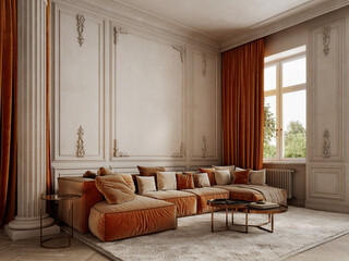 Classic beige interior with orange sofa and curtains, pillows, moldings, column, fur carpet, coffee table and wood floor, 3d render illustration mockup.