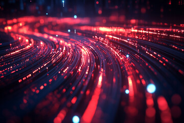 Red glowing fiber optic cables data stream abstract background