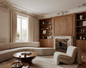 Classic interior with wood panels, fireplace, bookshelves, sofa, armchair, coffee tables and decor. 3d render illustration mockup.