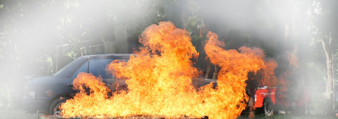 Banner Fire explosion flammable car fire on street smoke, hot danger flame burning effect. Fire burn car accident disaster conflagration. Burning red flame high heat inferno explode with copy space