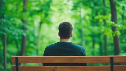 Fototapeta premium Man Sitting on a Wooden Bench in a Lush Green Park Contemplative Pose