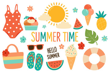 Colorful summer set in cartoon flat style. Summer collection elements of a flip-flops, ice cream, sun, fruits and accessories. Perfect for sticker, vacation prints, holiday or kids designs vector art