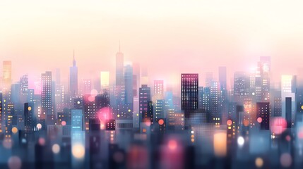 Obraz premium A serene cityscape with modern skyscrapers illuminated by ambient lights against a pastel twilight sky, evoking a sense of calm and urban beauty.