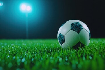 Fototapeta premium Soccer ball on lush green field under night lights