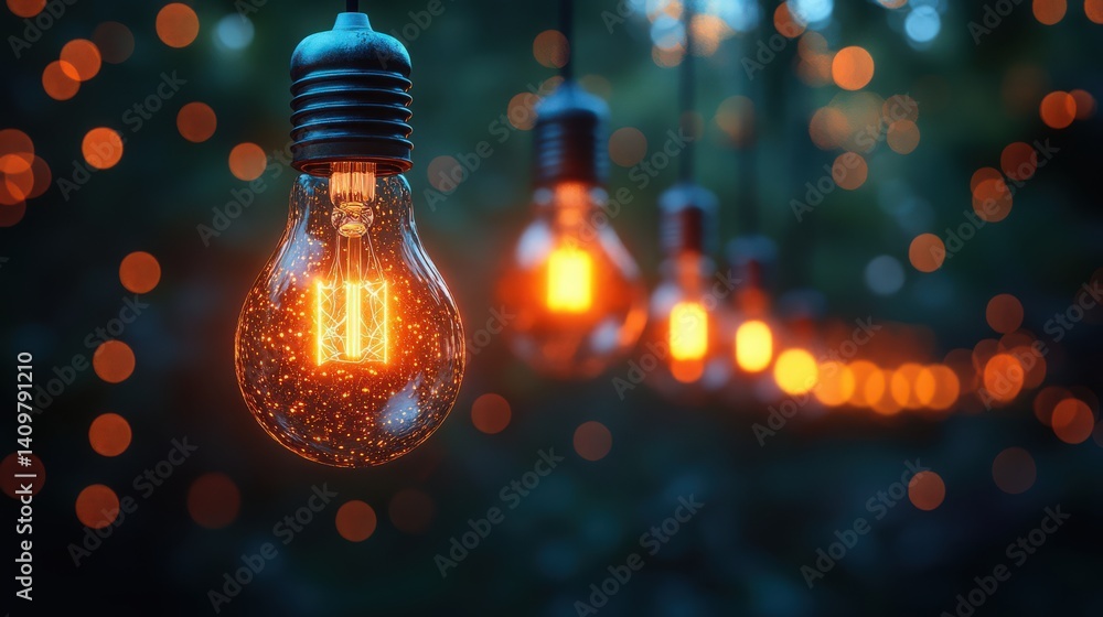 Poster illuminating ideas: a string of warm glowing lightbulbs creating atmosphere