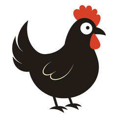 Cartoon black chicken with red crest and wattle looking to the right