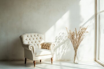 Elegant beige armchair in sunlit minimalist room with dried plants