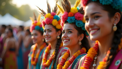 Present vivid diversity festival scenes showcasing joyful multicultural performances and elaborate communal celebrations with high energy public gatherings and artistic displays in  Photo Stock  Conce
