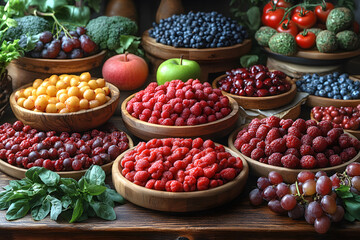 Fresh Organic Berry and Fruit Assortment on Rustic Wooden Table
