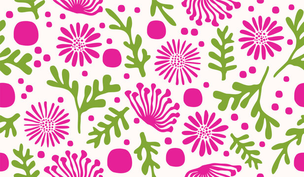 Fototapeta Abstract background with leaves and flowers. Seamless pattern with nature design elements