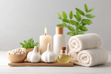 A foot massage segment of Thai therapy with herbs and oil beside