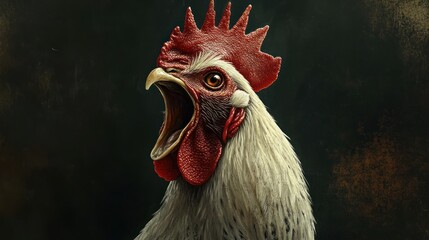 Rooster crowing, dark background, farm animal portrait, food industry image