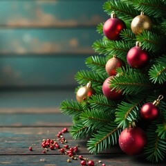 Evergreen fir tree with ornaments on wooden background , wood panel, Christmas decor wooden table