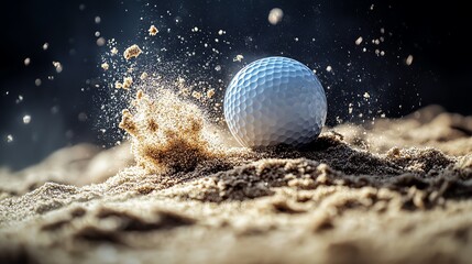 A dramatic sand trap shot golf ball flying out