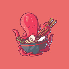 Cute Octopus character eating Ramen with chopsticks vector illustration. Food, animal design concept.