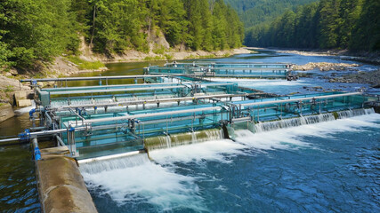 Fish hatchery cascading into river illustrating aquaculture industry practices