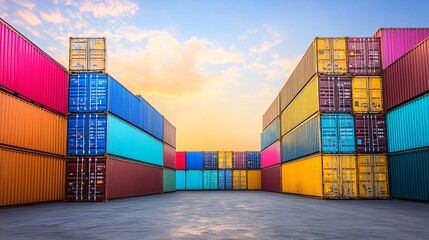 Fototapeta premium Container yard at golden hour with soft light over stacked colored containers, reflections on metallic textures, calm commerce environment, industrial symmetry, organized layout