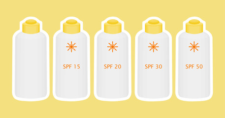 Sticker set with a bottle of sunscreen body lotion. Vector illustration. Sunscreen with UV and SPF protection. Body cream with a white outline on a yellow background. Horizontal bright banner.