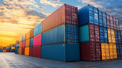 Fototapeta premium Container yard at golden hour with soft light over stacked colored containers, reflections on metallic textures, calm commerce environment, industrial symmetry, organized layout