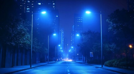 Night Cityscape: Blue-lit Street Under a Misty Sky