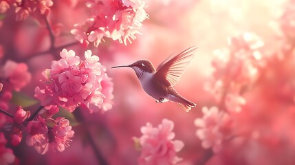 Elegant hummingbird perched on branch surrounded by vibrant flowers image