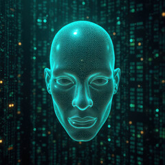 futuristic digital face with glowing features, surrounded by matrix like background, evokes sense of advanced technology and artificial