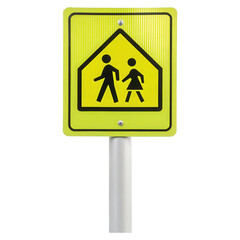 A bright yellow sign indicating a pedestrian crossing for children, featuring simple icons of two figures walking.