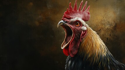 Rooster crows loudly, dark background, farm animal portrait, website header