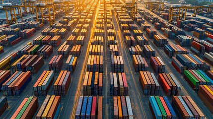 Container yard with vibrant multicolored shipping containers stacked in perfect rows under bright daylight, futuristic commerce hub, cranes in background, high detail, sharp shadows, industrial