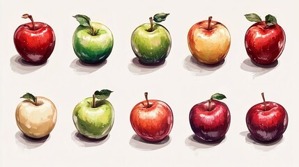 A Watercolor Collection of Ten Vibrant Apples