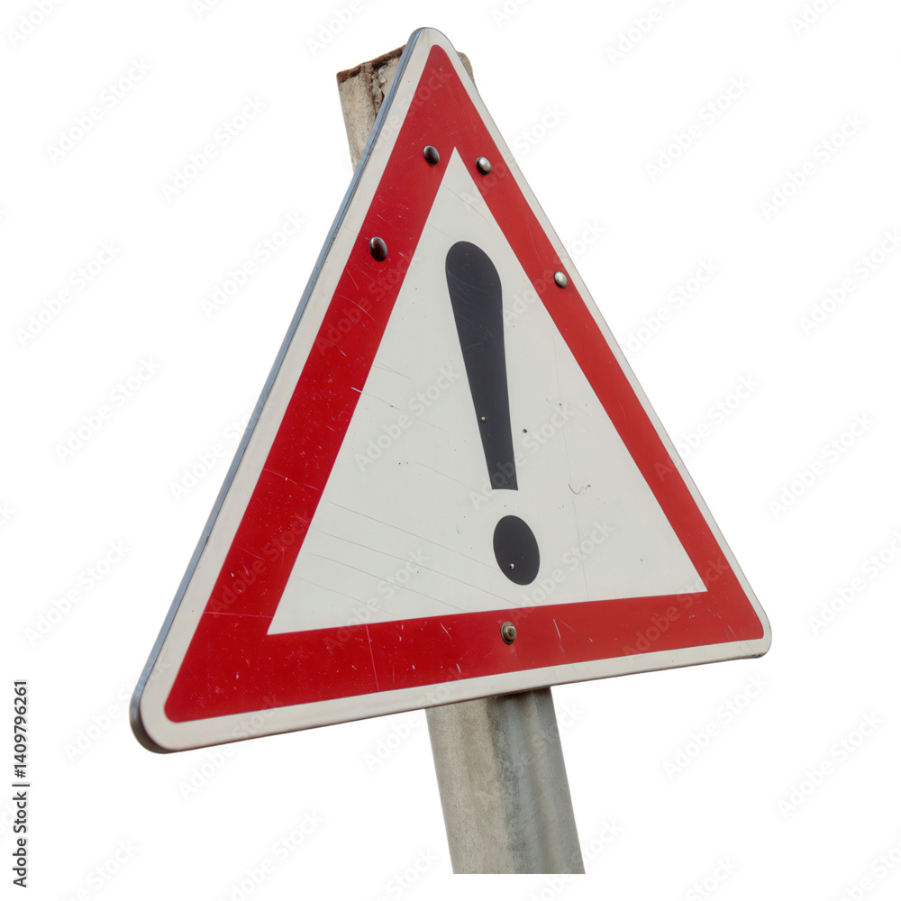 Poster a warning sign in a triangular shape with a prominent exclamation mark, indicating caution or potent