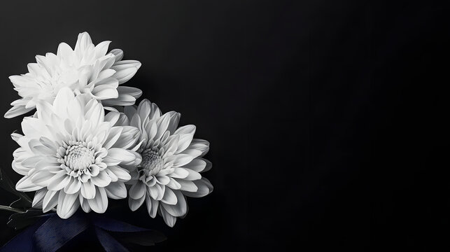 white chrysanthemum on black background condolence funeral template