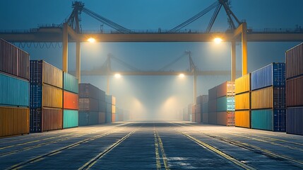 Obraz premium Night-to-day blend over a container yard with subtle fog, lit-up cranes, high-contrast industrial textures, sleek commerce atmosphere, futuristic background, long shadows, minimal urban aesthetic